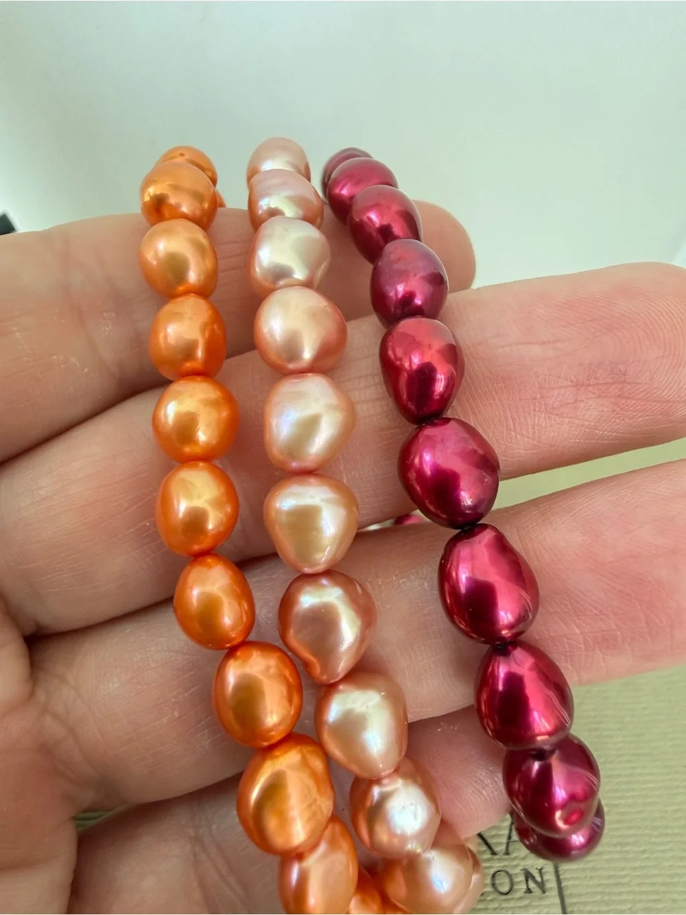 NWOT 7” Honora red, orange, champagne dyed freshwater pearl stretch bracelets!